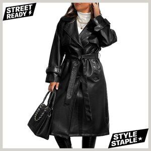 Plus Size Faux Leather Trench Coat Motorcycle Jacket Belted Overcoat